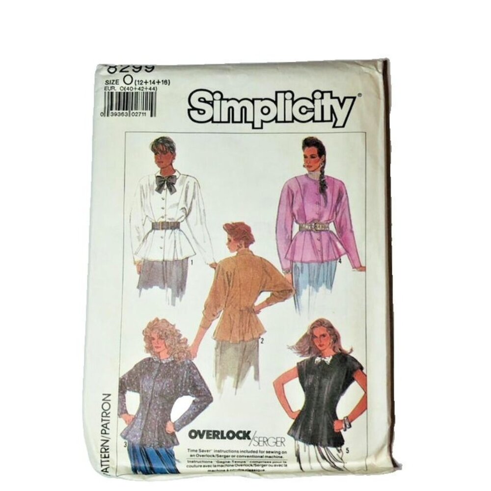 Vintage 1980s Simplicity Sewing Pattern 8299 Misses Blouse Size 12-16 Uncut